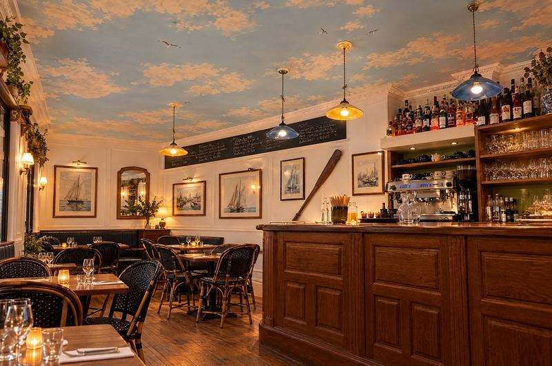 Le comptoir du bistrot et son plafond peint en ciel